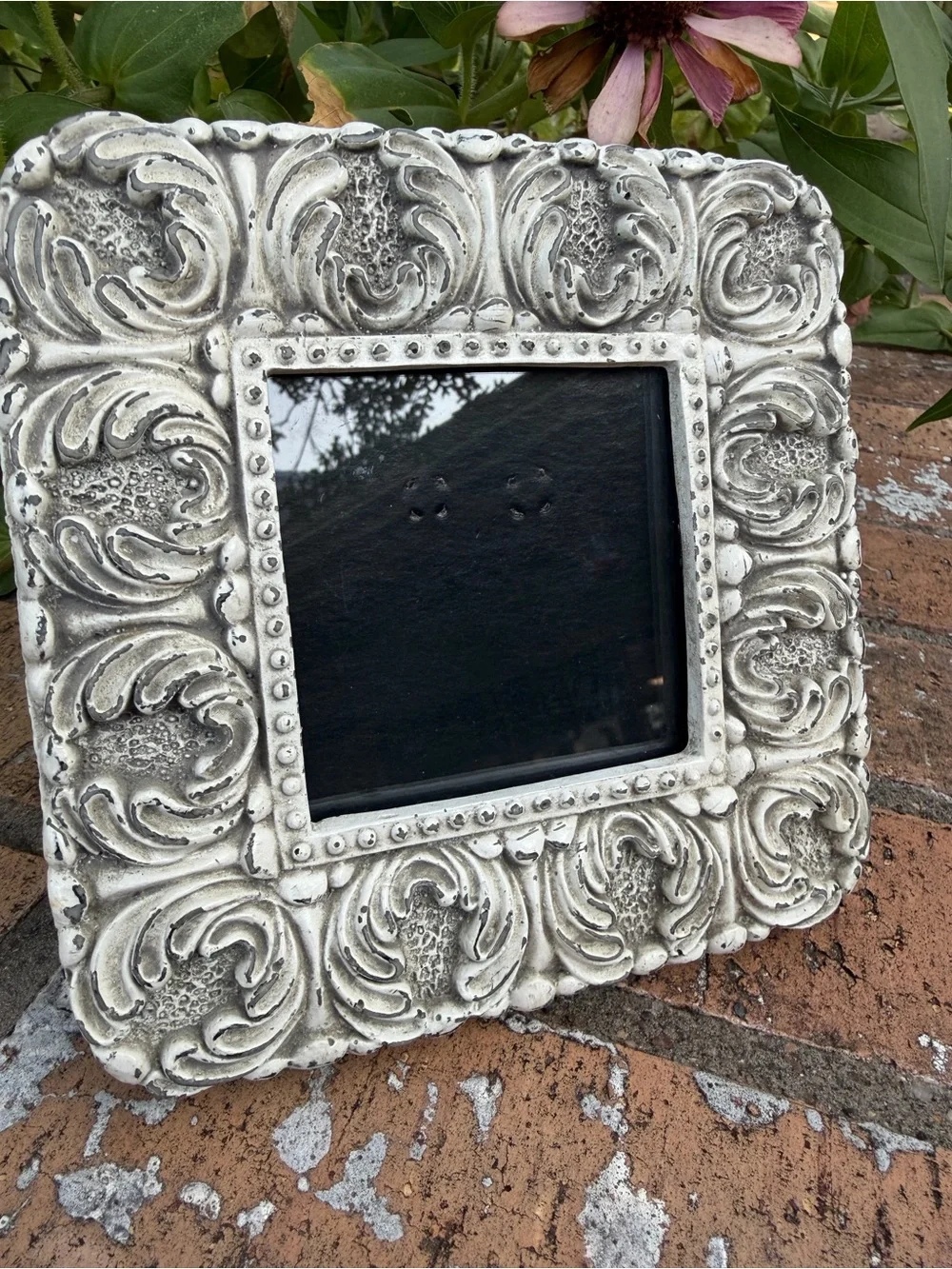 Square 3x3” baroque, shabby chic photo frame distressed white & silver finish.